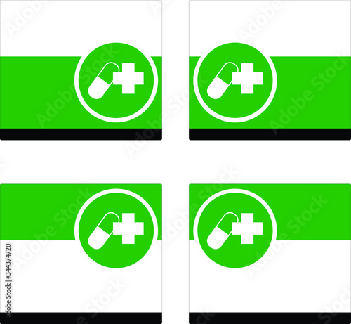 icon capsule and health on green white and black frame, drug in right or left position, Must to do in the drugstore.