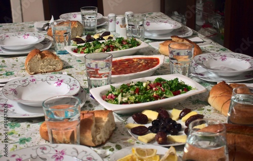 Shot of delicious and fresh iftar meal of Turkish cuisine without people
