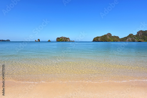 Tanjung rhu beach, Langkawi island Malaysia. Beautiful beach over the bkue sky background.