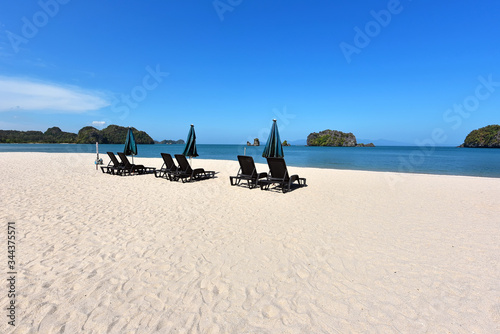 Tanjung rhu beach, Langkawi island Malaysia. Beautiful beach over the bkue sky background.