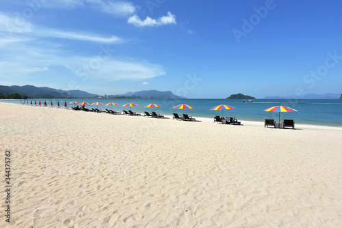 Tanjung rhu beach, Langkawi island Malaysia. Beautiful beach over the bkue sky background.