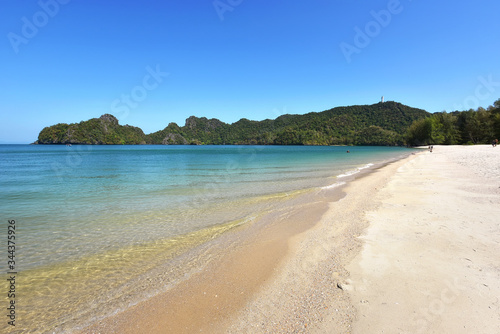 Tanjung rhu beach, Langkawi island Malaysia. Beautiful beach over the bkue sky background.