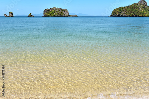 Tanjung rhu beach, Langkawi island Malaysia. Beautiful beach over the bkue sky background.