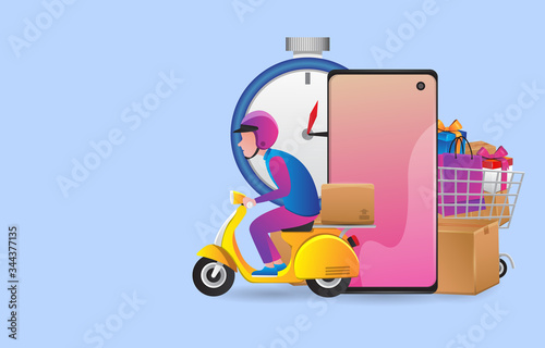 Vector Premium Illustration of Tracking Courir By Application Smartphone. Fast Delivery Package by courier riding a scooter