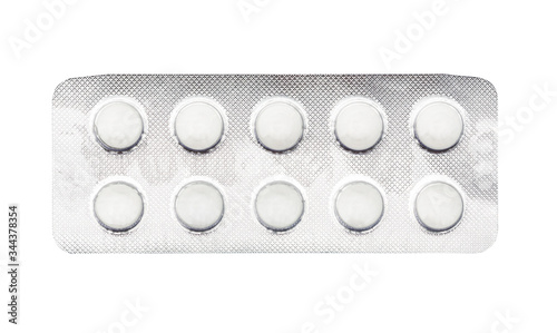 Packing round white pills, tablets, pastils. Isolated on a white.
