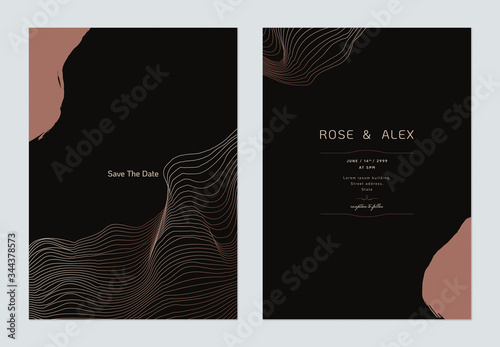 Minimalist wedding invitation card template design, abstract line art ink drawing in rose gold on dark brown