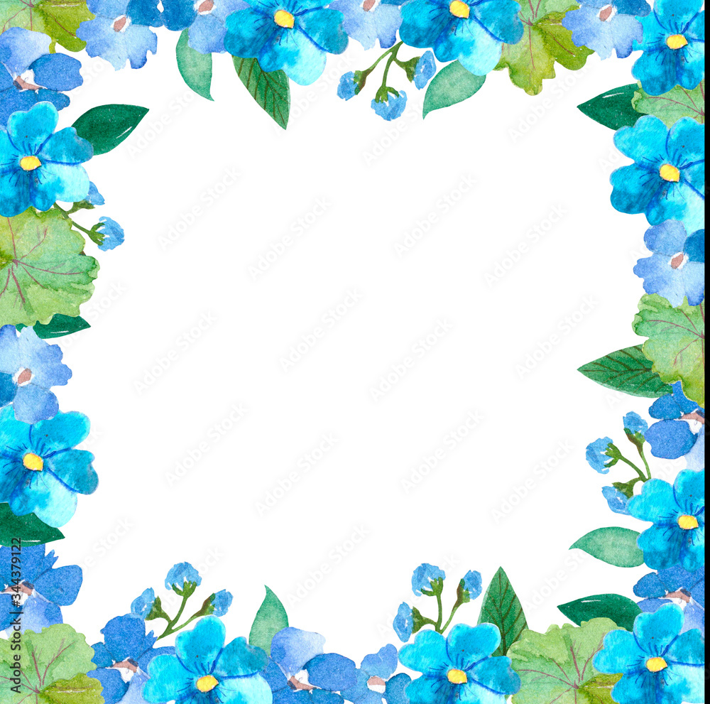 watercolor illustration, flower frame, blue flowers, invitation watercolor illustration, flower frame, blue flowers, invitation