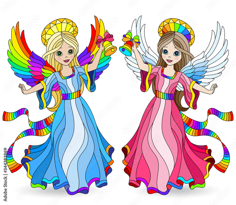 A set of elements in a stained glass style with cute cartoon angel girls, isolated on a white background