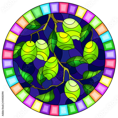 Illustration in stained glass style with lime branches, leaves and fruits, round image in bright frame