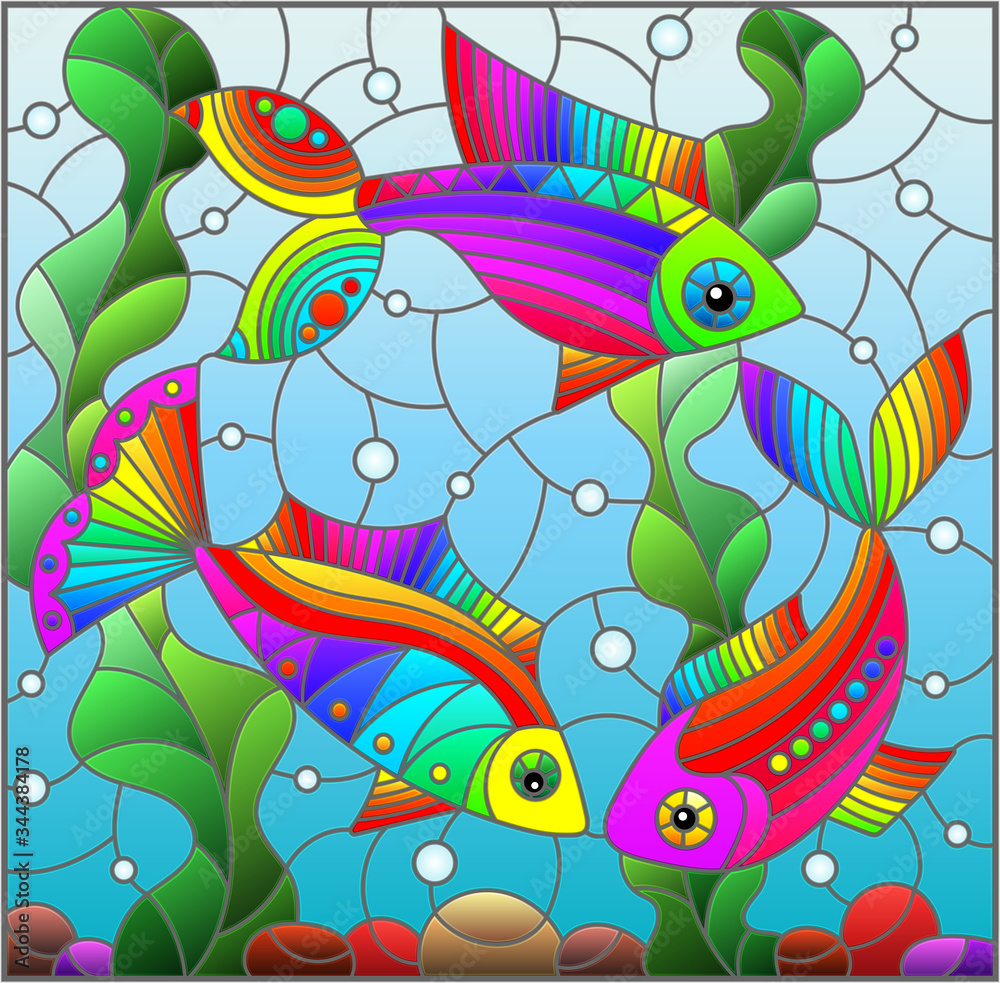 Obraz premium Illustration in stained glass style with bright rainbow fish on the background of water, bottom and algae
