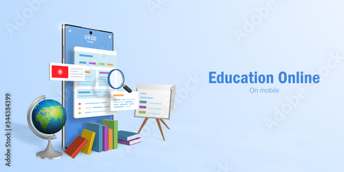 Education Online Concept, Web banner for online education, e-learning, training courses, searching information on internet by using smartphone