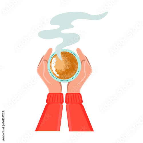 Vector illustration drinking coffee. Tea coffee break, mug, hands top view in a cafe. Female.