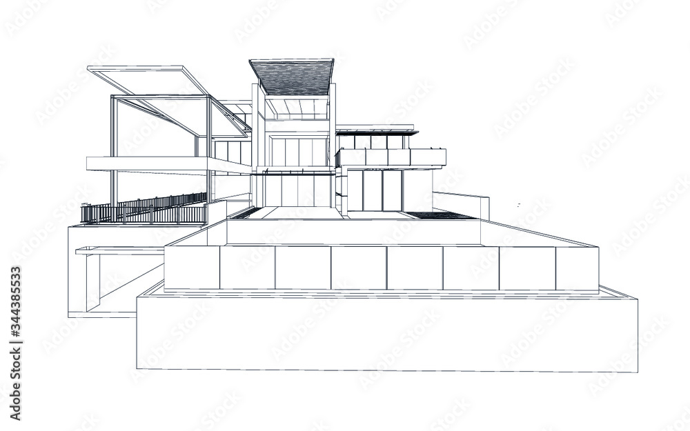 Perspective 3D render of building wireframe. Perspective 3D render of building wireframe.