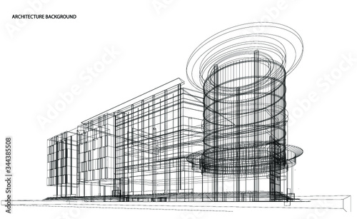 Perspective 3D render of building wireframe.