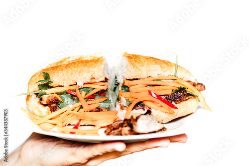 A human hand serving a Banh mi, the traditional vietnamese sandwich with vegetables and roast pork in a white background perfect for copy writing. photo