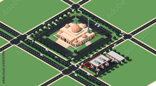 Isometric vector illustration of a moque and a gas station in city aerial