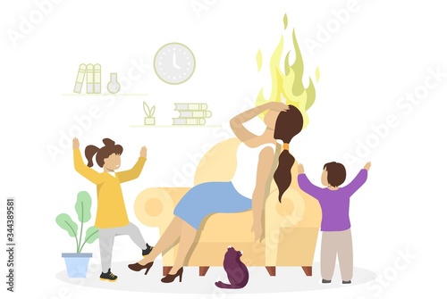 Desperate stressed mother with her kids, vector flat illustration