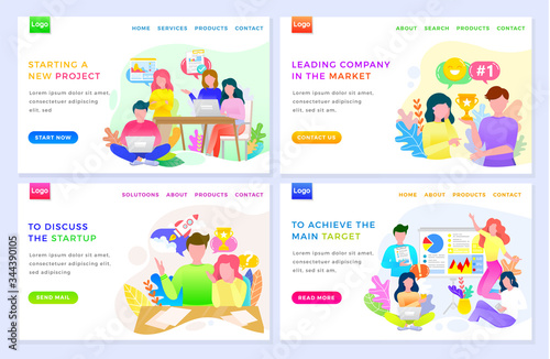 Starting new project vector, discuss startup achieve main target. Business of people working in team, achieving results and success goals. Website or webpage template, landing page flat style