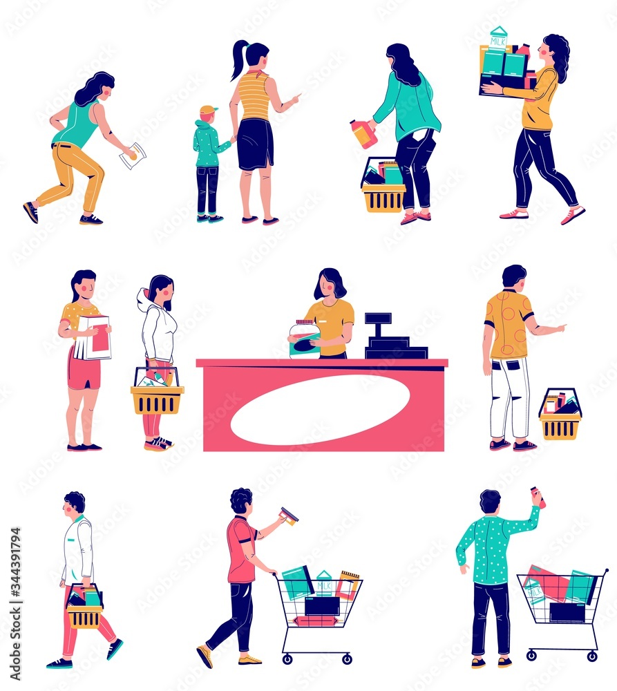 Supermarket customers set, vector flat isolated illustration