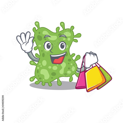 Rich and famous salmonella enterica cartoon character holding shopping bags