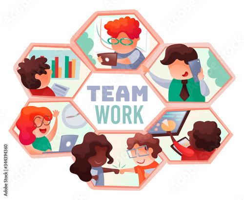 Set of honeycombs with working businesspeople. Teamwork process in office. Workers using laptop, analyses data and graphics, team communicates and talk on phone, give high five for successful work