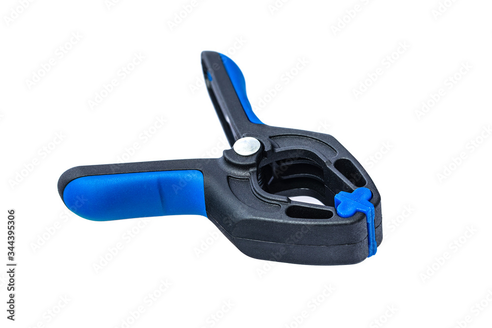 Black and blue spring clamp isolated on white background with clipping path. Black and blue spring clamp isolated on white background with clipping path.