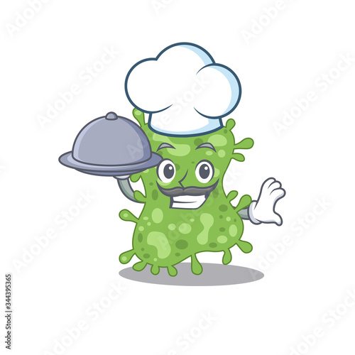 Salmonella enterica chef cartoon character serving food on tray