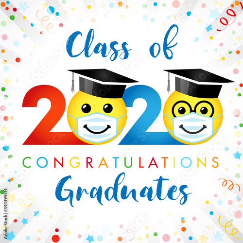 Class of 2020 year graduating banner, awards concept. Creative funny sign, happy holiday cute colorful invitation poster. Isolated abstract graphic design template. Red, blue colors, white background.