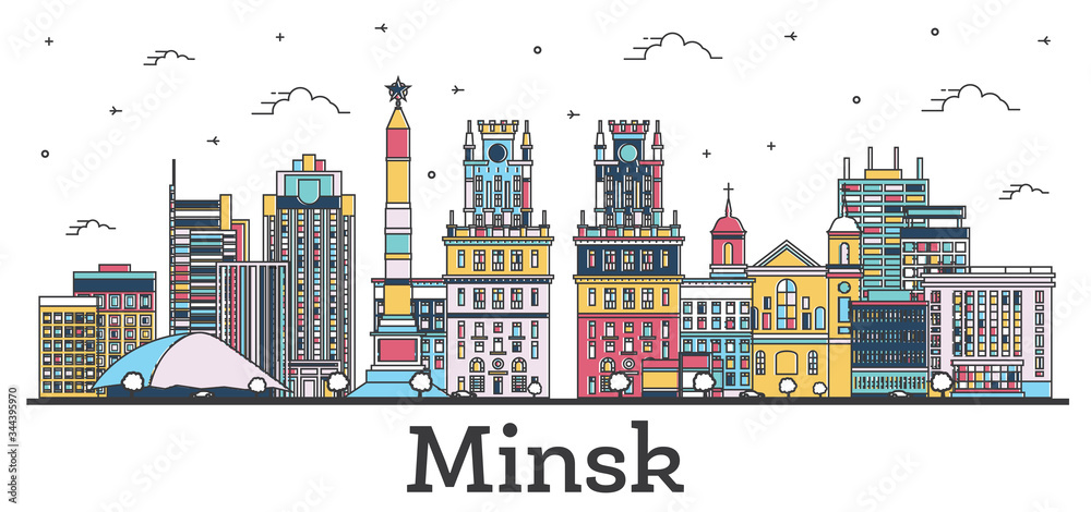 Outline Minsk Belarus City Skyline with Color Buildings Isolated on White.