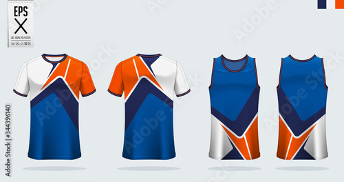 T-shirt mockup, sport shirt template design for soccer jersey, football kit. Tank top for basketball jersey and running singlet. Sport uniform in front view and back view.  Mock up Vector Illustration