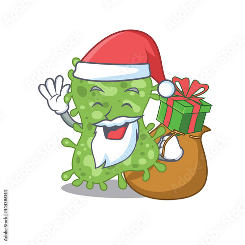 Cartoon design of salmonella enterica Santa with Christmas gift