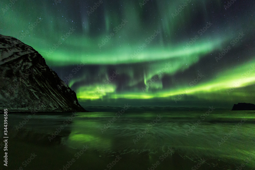 Amazin landscape of northen lights in background at Lofoten, Norway