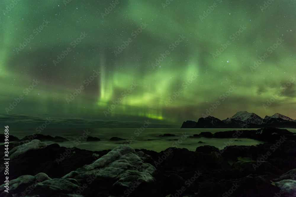 Amazin landscape of northen lights in background at Lofoten, Norway