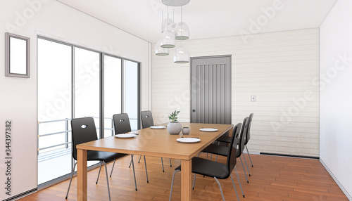 Corner of modern dining room, white walls, wooden floor, round table with black chairs. 3d rendering with my model.