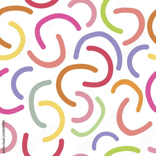 Vector abstract multicolored arc pattern. Rainbow trending doodle style. Simple shapes in pastel colors. For design of surfaces, textiles, packaging, backgrounds. Children's theme