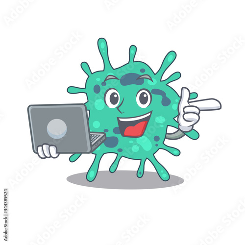 Cartoon character of shigella boydii clever student studying with a laptop