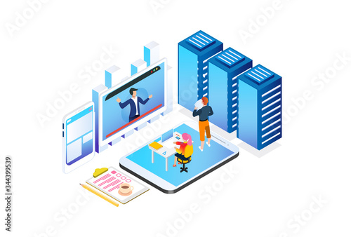 Modern Technology Isometric Smart Online Webinar Training Technology Illustration in White Isolated Background With People and Digital Related Asset © Fectopus