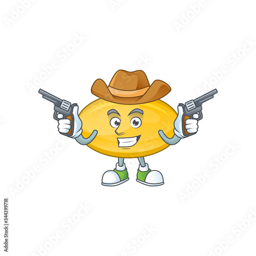 A cowboy cartoon character of oil capsule holding guns