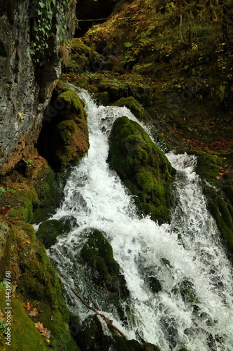 Green waterfall on a mountain stream. Moss. Forest. photo