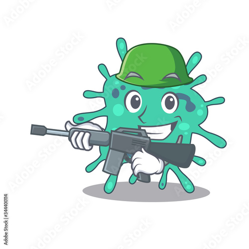 A cartoon picture of shigella boydii in Army style with machine gun