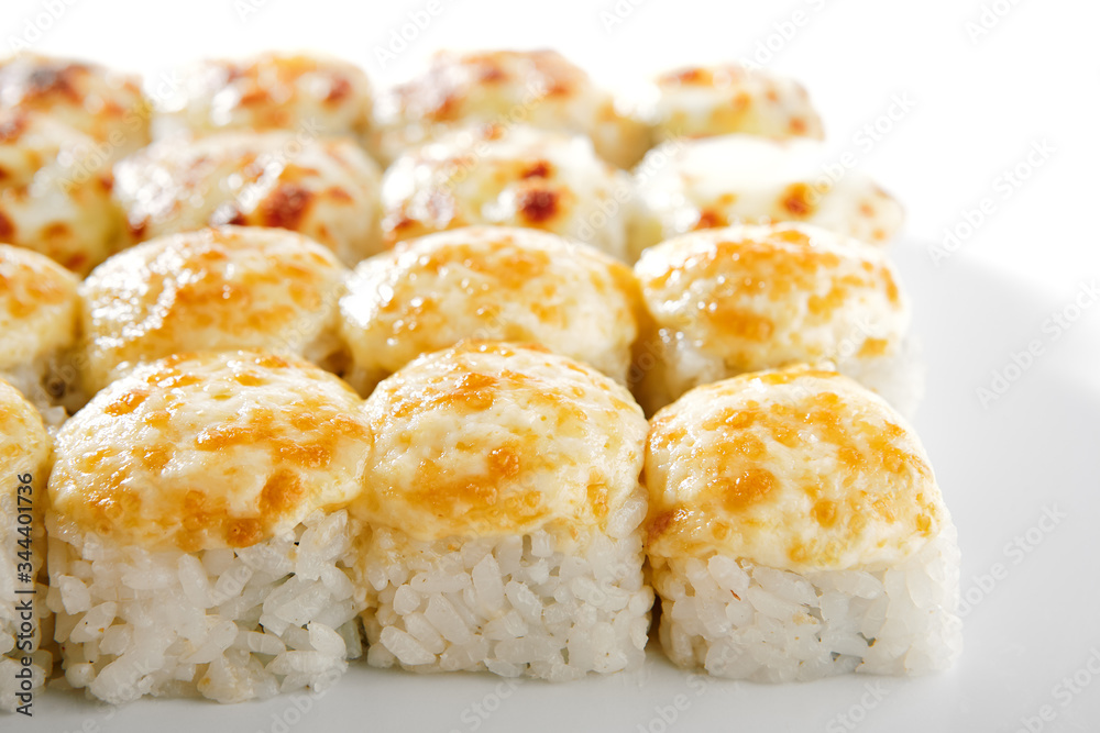 Baked rolls on white background top view Baked rolls on white background top view
