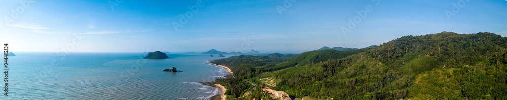 The mountains and sea scenery with blue sky. seascape at sunny day on thailand. Panorama view