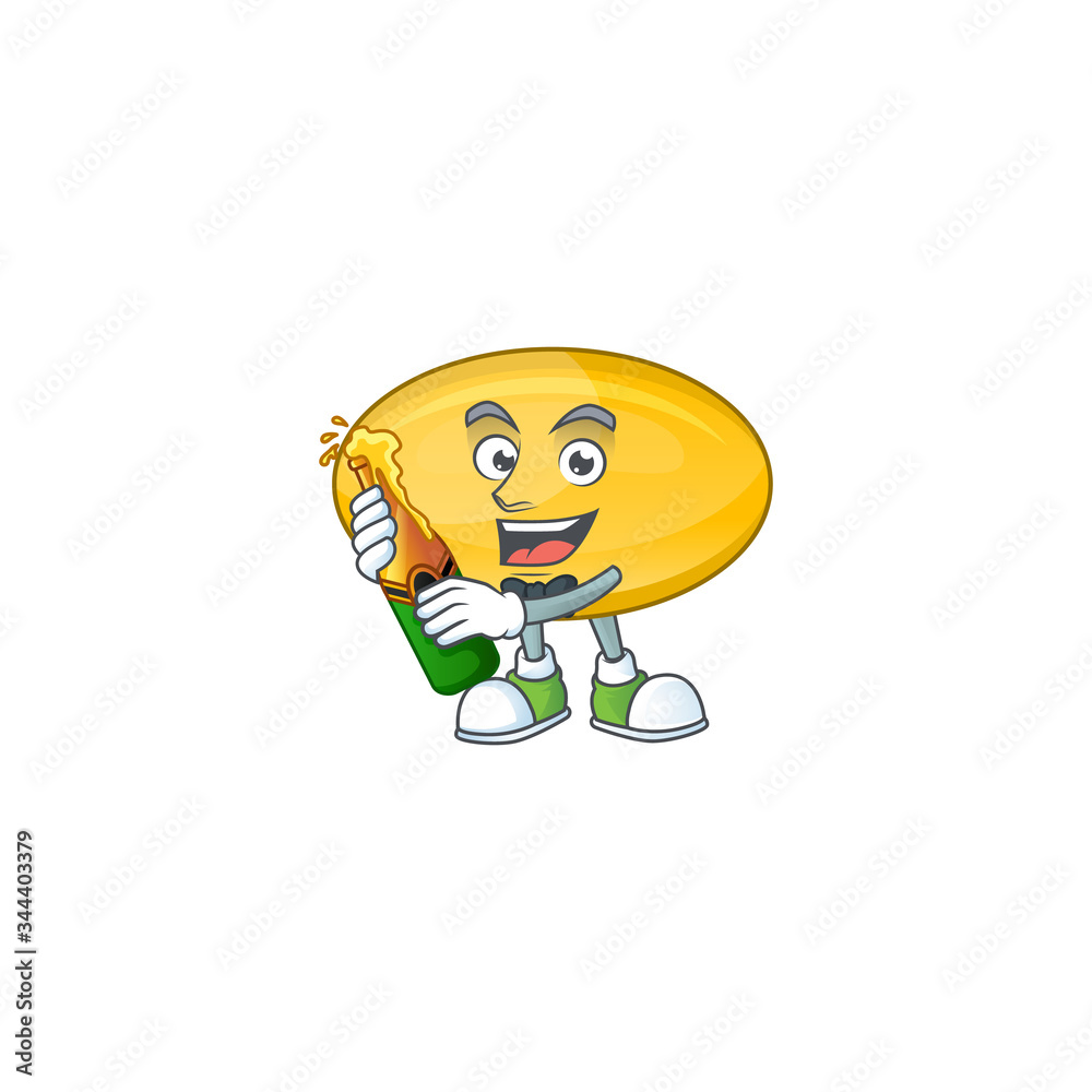 Mascot cartoon design of oil capsule making toast with a bottle of beer Mascot cartoon design of oil capsule making toast with a bottle of beer