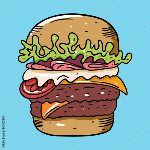 Double burger with ham. Colorful vector illustration in flat cartoon style. Isolated on blue background.