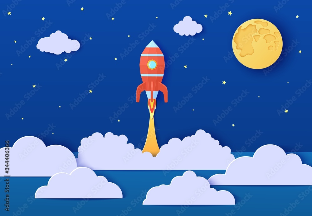 Red rocket launch in space in paper cut style. Galaxy landscape 3d ...