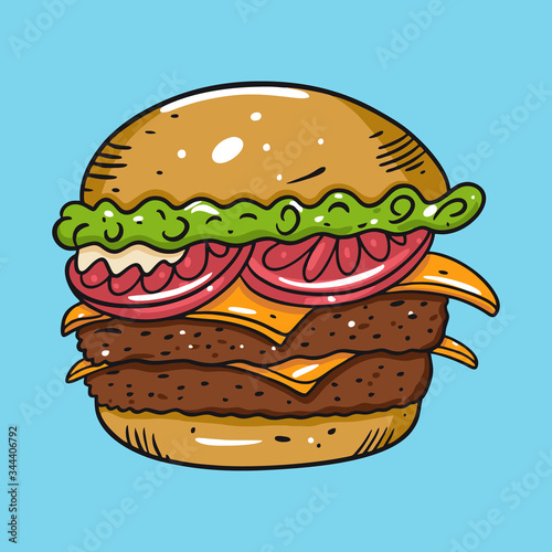 A vector illustration of a burger with two patties, cheese, and tomatoes on a blue background, evoking a sense of deliciousness and culinary satisfaction, suitable for various design purposes.