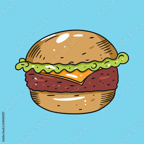 Burger vector illustration in flat cartoon style. Isolated on blue background.