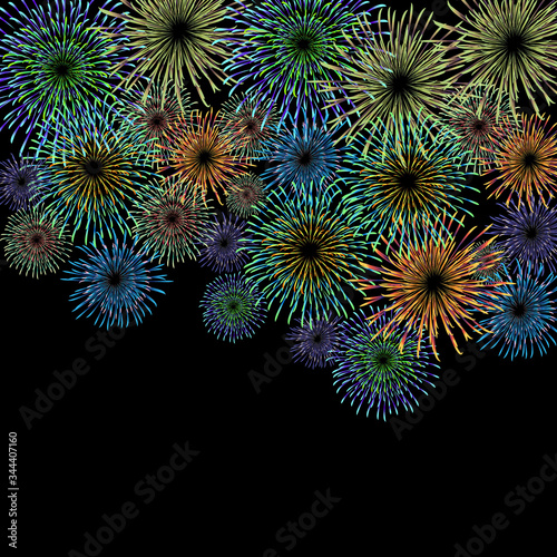 Fireworks material. Night sky fireworks background. Fireworks appear in the summer night sky.
背景：花火 はなび 打上花火 夜空 夏 祭り 夜景