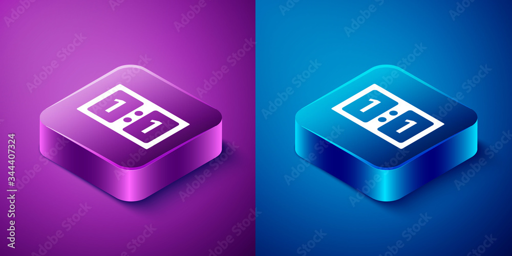 Isometric Sport mechanical scoreboard and result display icon isolated on blue and purple background. Square button. Vector Illustration Isometric Sport mechanical scoreboard and result display icon isolated on blue and purple background. Square button. Vector Illustration