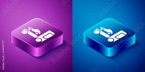 Isometric Car transporter truck for transportation of car icon isolated on blue and purple background. Square button. Vector Illustration